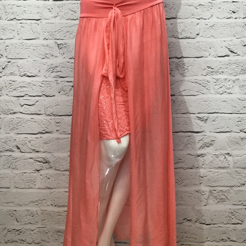 Coral Italian Silk Sequin High Low Skirt - Picture 2 of 5